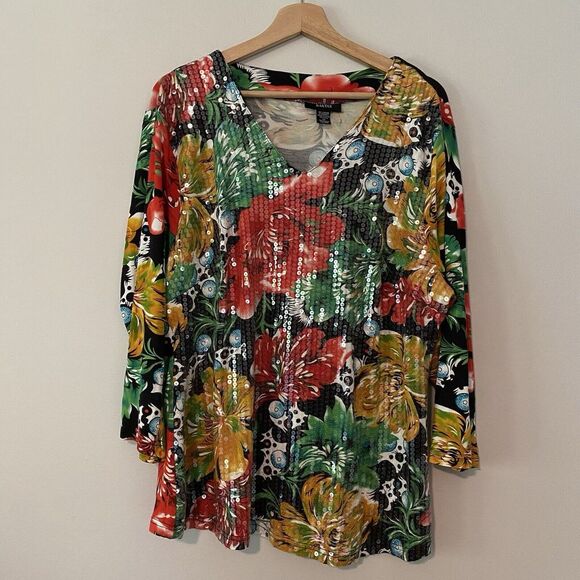 Kaktus Womens Floral Sequined V-neck Top 2X Bold Pattern Colorful 3/4 Sleeve - Picture 2 of 7